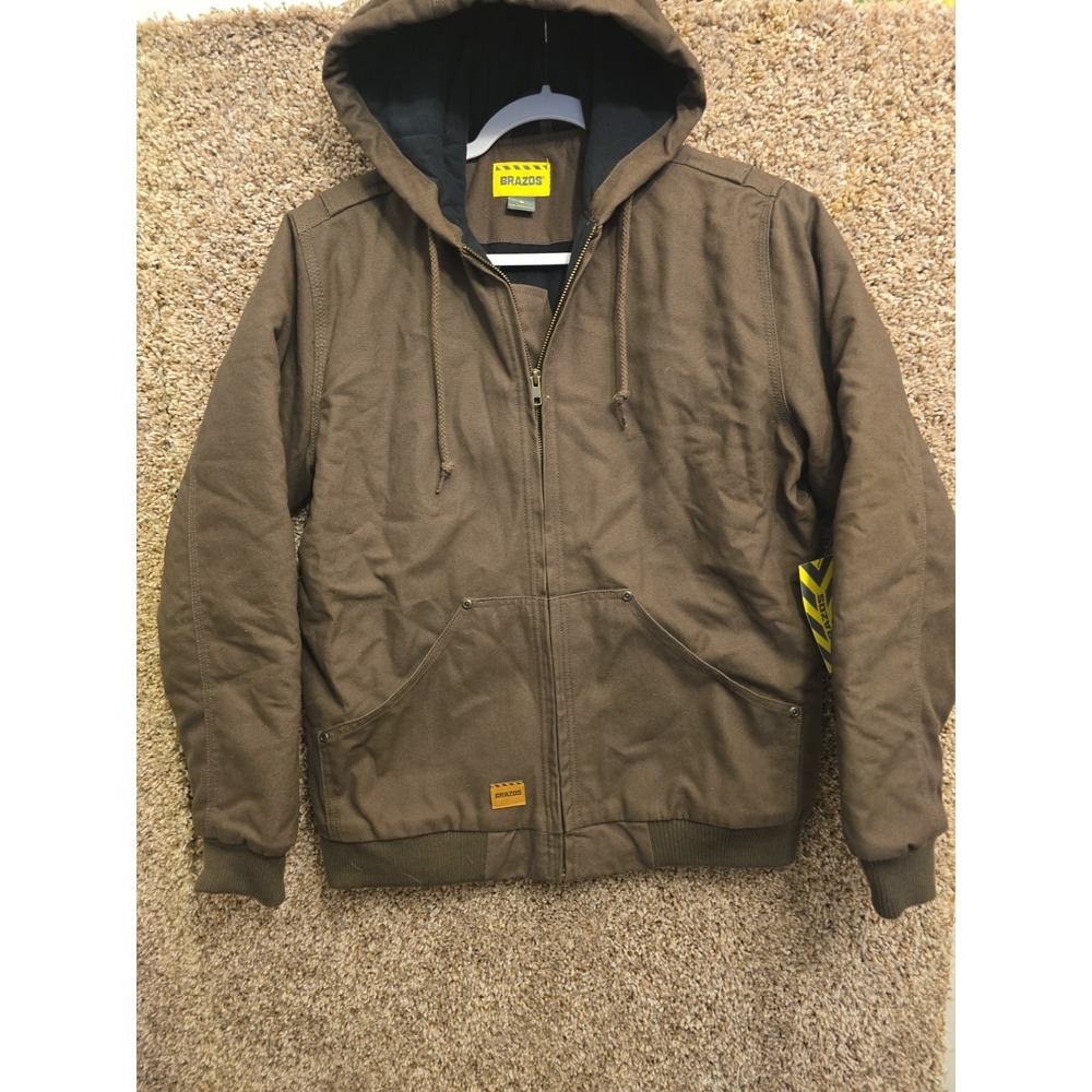 Brazos Jacket Mens Small Chocolate Brown Hooded Quilt Lined Engineer Wortk Wear